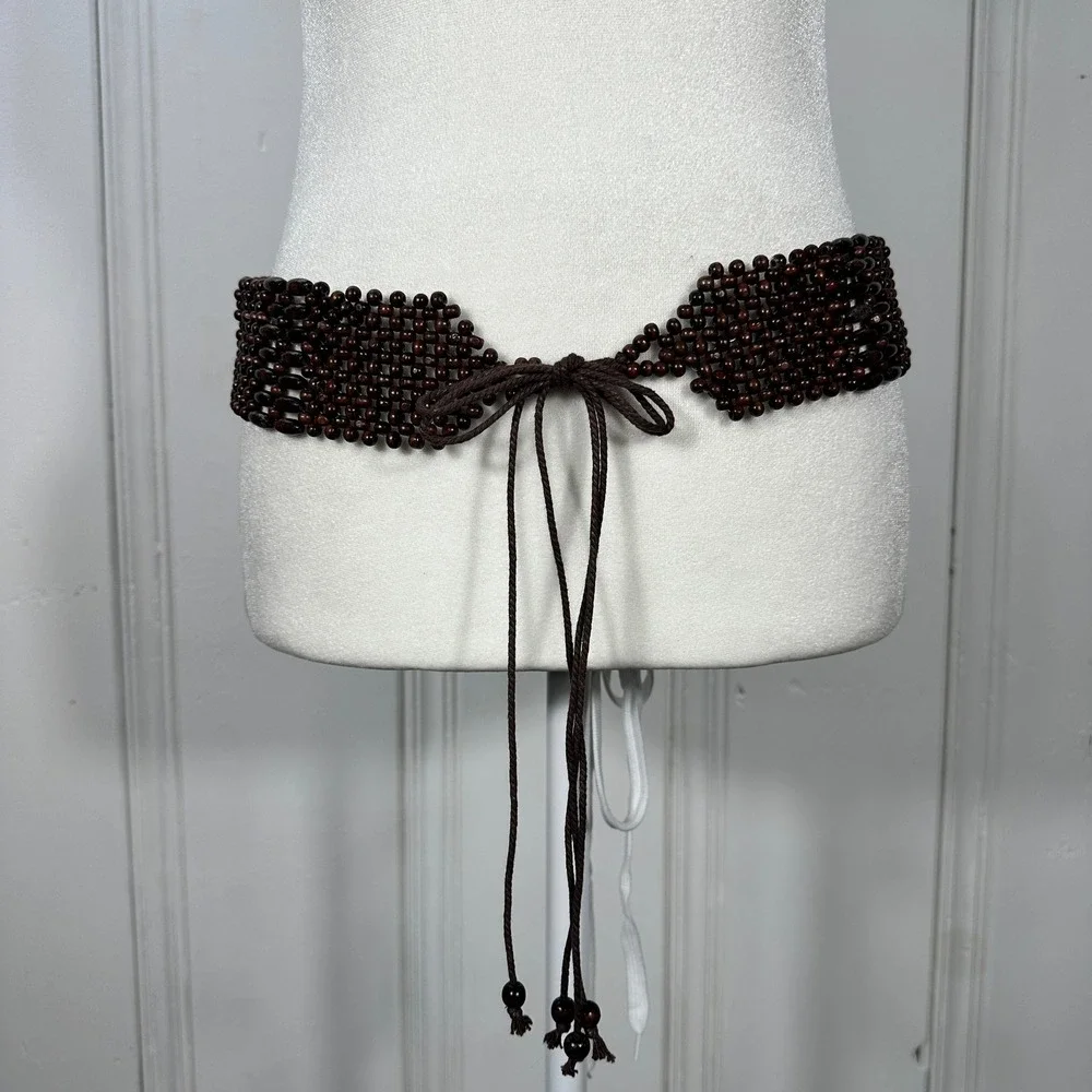 Vintage Brown Wooden Bead Wide Tie Belt Woven Boho Hippie Adjustable Waist